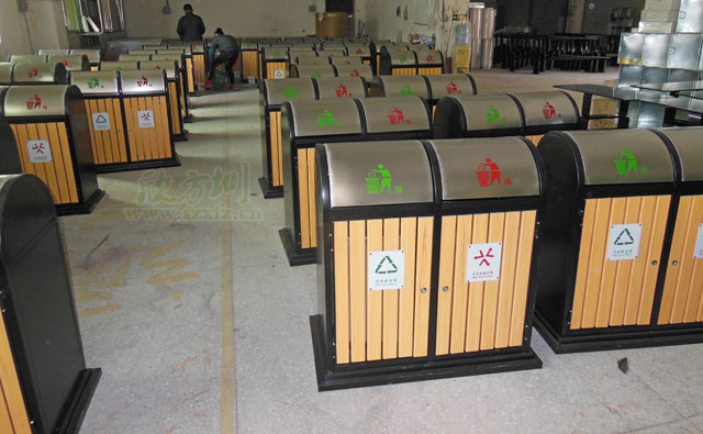 推蓋環(huán)保鋼木分類(lèi)垃圾桶工廠生產(chǎn)圖